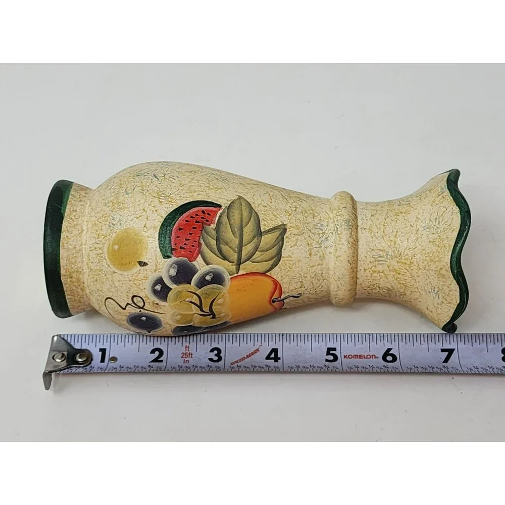 Vintage K's Collection Ceramic Vase Painted Fruit‎ Gold With Black Trim